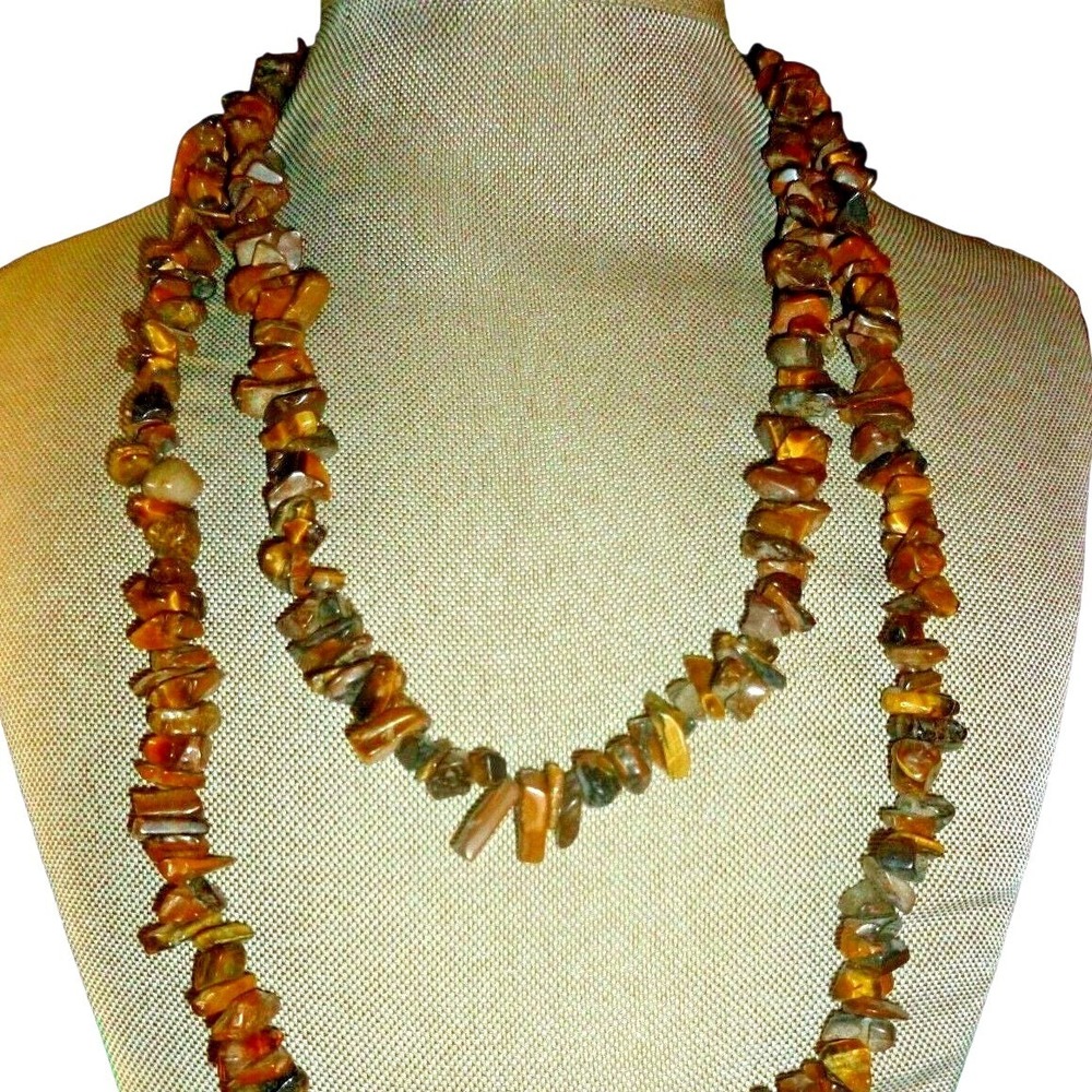 Vintage Chunky Tiger's Eye Block Beads Necklace 22" Chunk Opera Length